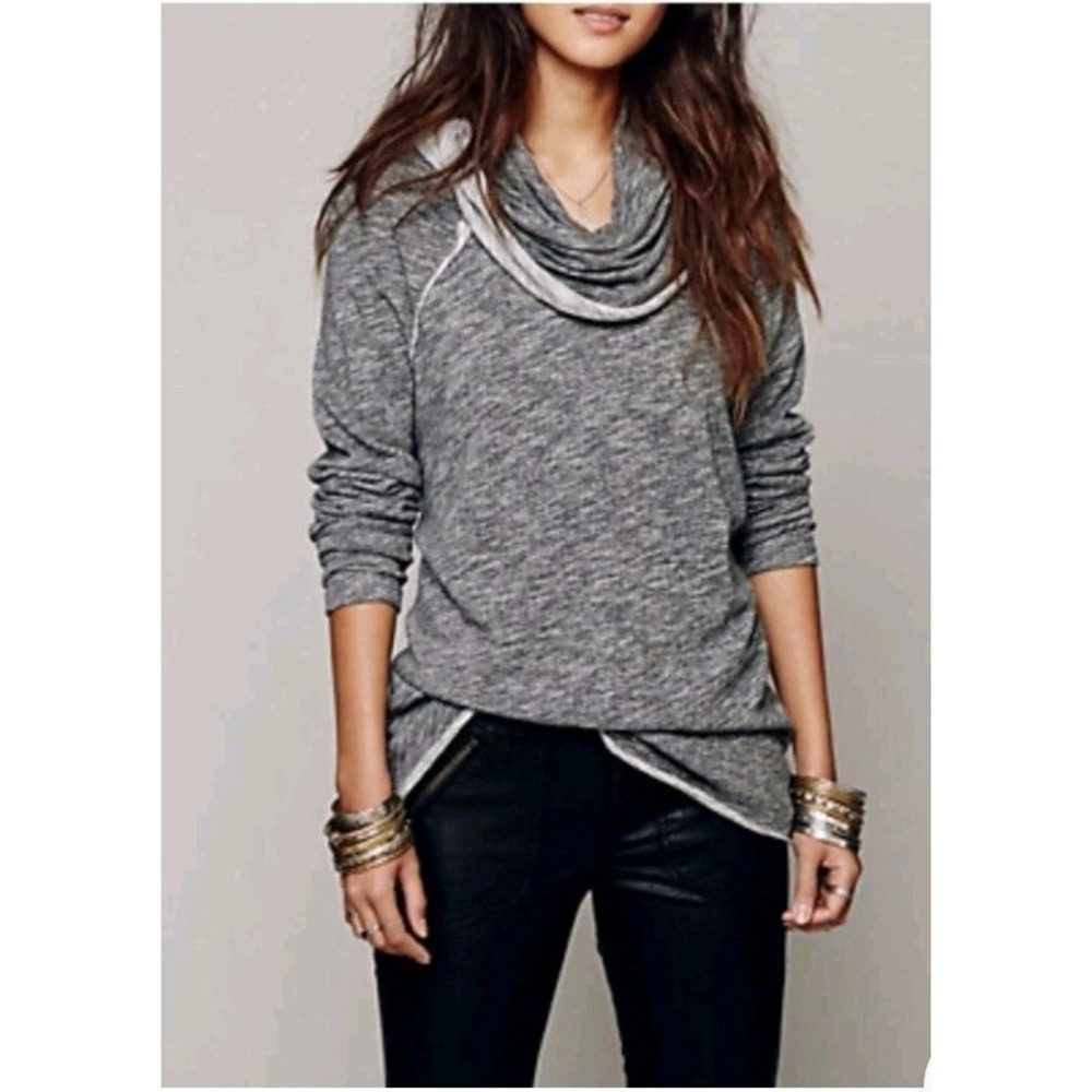 Free People Beach Women's OS Heather Charcoal Long Sleeve Cocoon Cowl-Neck Top
